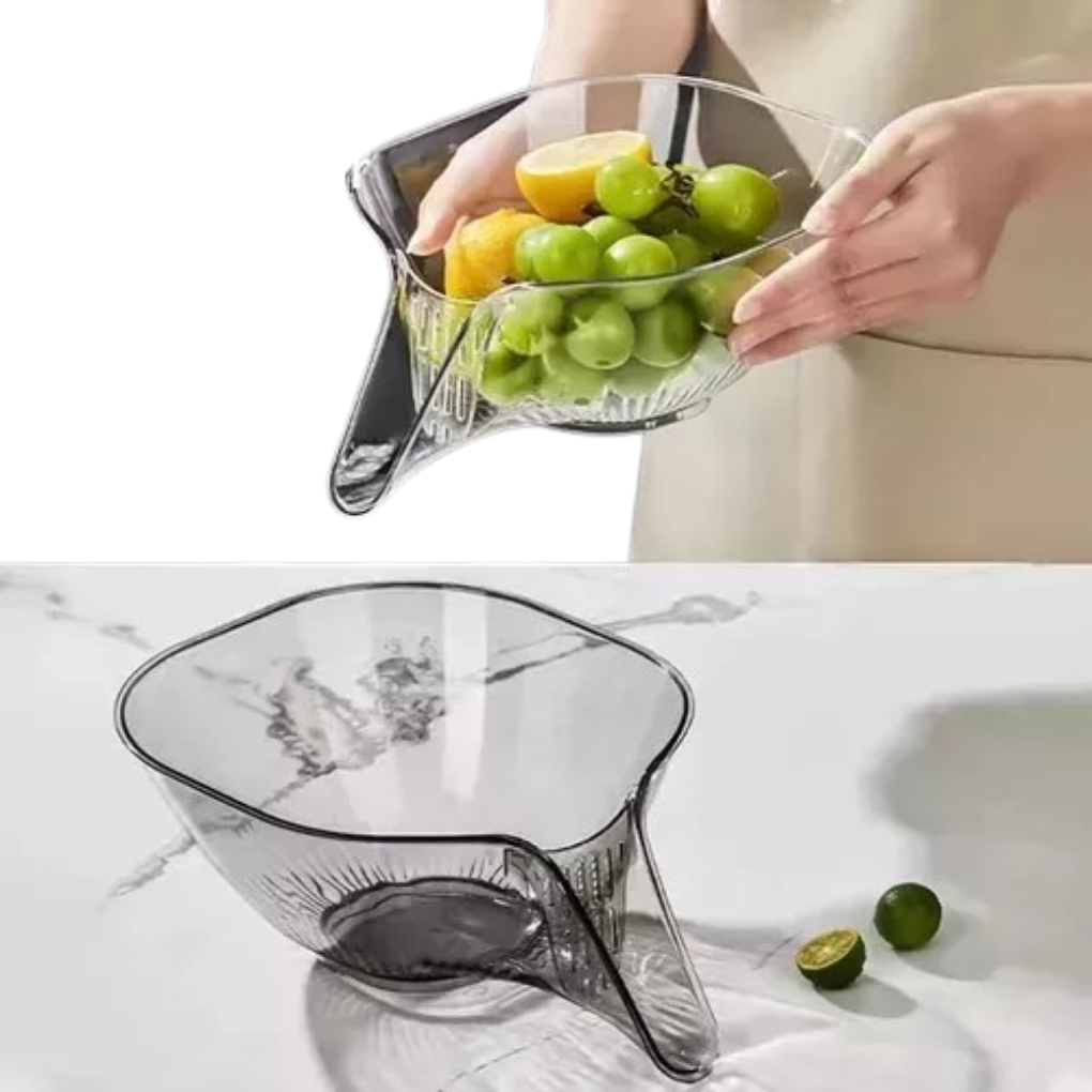 Bowl Escurridor DG con uvas y cítricos y vista del recipiente vacío