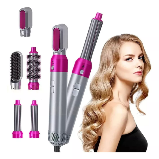 Cepillo 5 en 1 gris y fucsia con accesorios de peinado