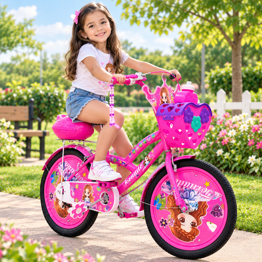 Bicicleta Princesas rosa con canasta de corazón y decoración en las ruedas